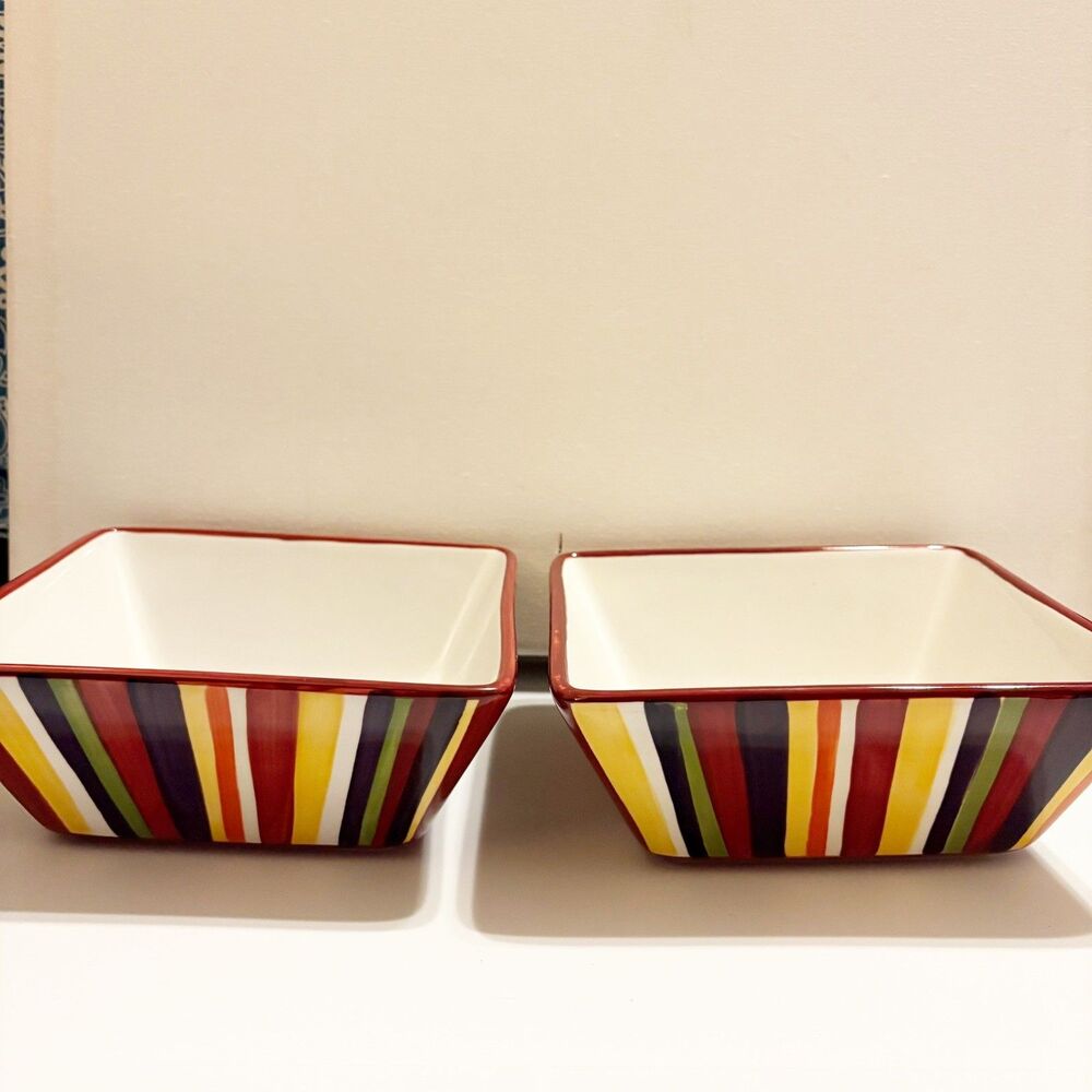 Pampered Chef Simple Additions Striped Square 7 inch Cereal/Soup Bowls Set of 2
